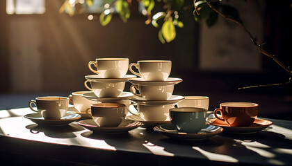 Stack of White and Colorful Teacups in Sunlight