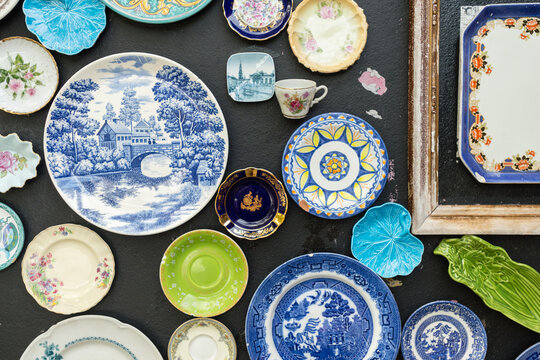 random china and things stuck to a wall
