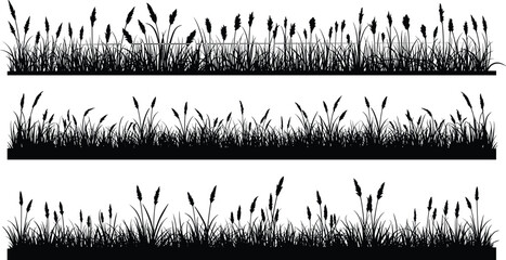 Grass silhouette cad drawing flat vector illustration, three horizontal rows of assorted blades and plants, front view natural border layoutGrass silhouette cad drawing flat vector illustration