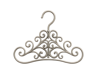 Decorative metal hanger with intricate scrollwork, adding an artistic touch to a boutique dressing room.