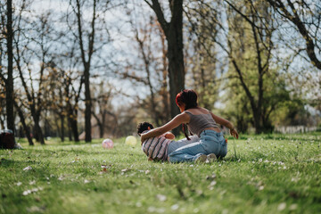 Fototapeta premium In a serene park, a Filipino mother enjoys quality time with her child amidst sunshine and greenery, creating a beautiful family moment.