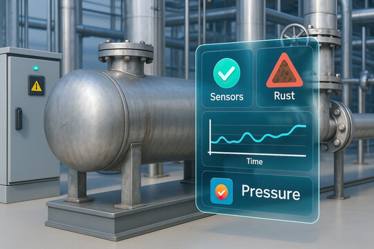 Industrial metal tank with pressure monitoring and rust detection sensors displayed on digital interface, showing real time data and safety status in factory setting - Powered by Adobe