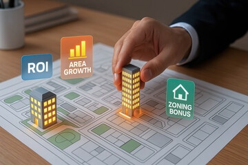 Real estate investment concept with hand placing illuminated building model on city map showing ROI, area growth, and zoning bonus icons for property development strategy