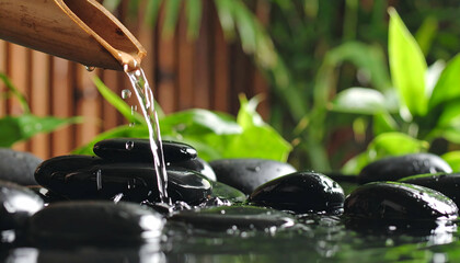 Tranquil Water Flowing Over Black Stones in Bamboo Garden