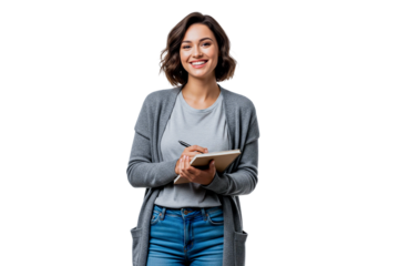young student girl with books and pen isolated on white background