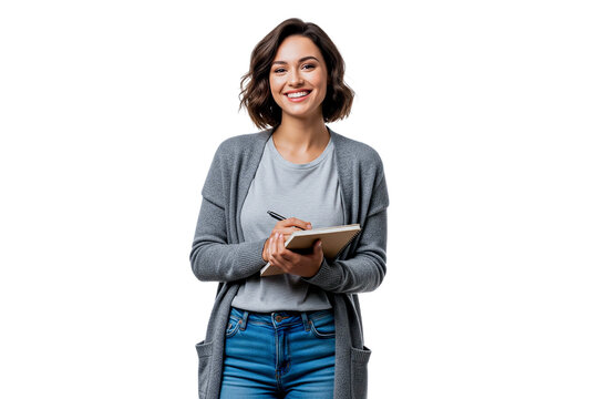 young student girl with books and pen isolated on white background

