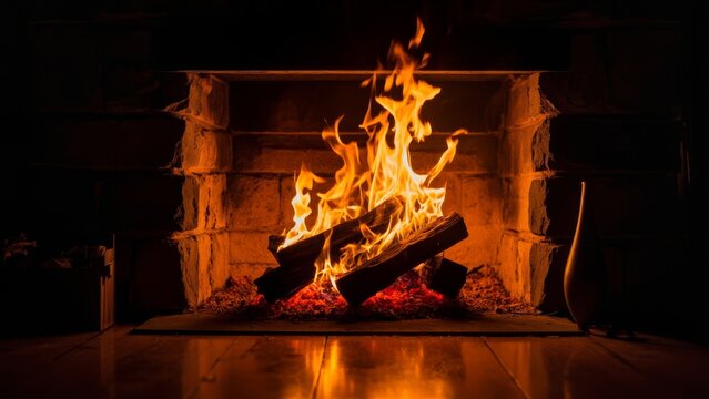 firewood is burning in the fireplace in apartment