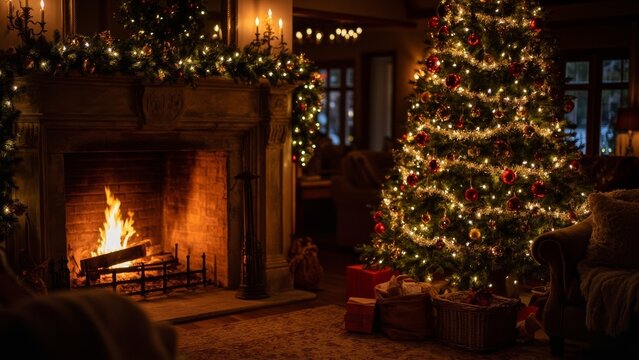  fireplace with christmas tree in the house - Powered by Adobe