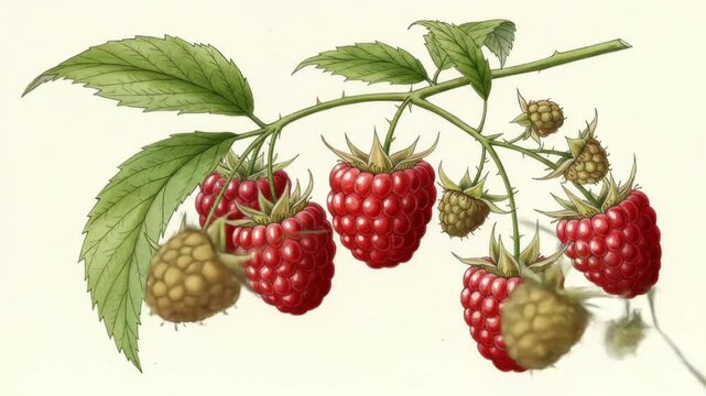 An illustrated botanical study showcases a raspberry branch bearing ripe red and unripe green berries. Detailed leaves and thorns accent the stem