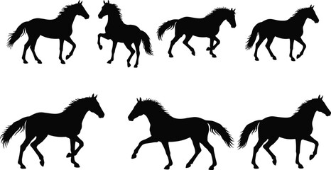 Horse silhouettes cad drawing flat vector illustration, walking, running, trotting poses in black and white styles, front view animal layoutHorse silhouettes cad drawing flat vector illustration