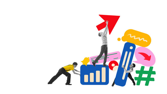 Pop-art collage with group of people lifting arrow on media symbols. Concept of teamwork, digital promotion, community engagement, social media performance growth.