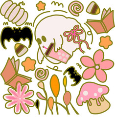 Adorable cartoon ghost sipping boba tea surrounded by flowers, bats, candy, books, and mushrooms in a playful Halloween style