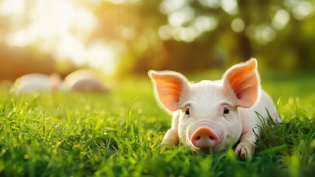 Piglet resting in vibrant green grass with sunlight illuminating its ears and pink snout in a blurred field environment