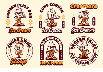 Set of Ice Cream Retro Mascot Logo for Ice Cream Shop and Cafe. Cartoon Character Vector Illustration in Vintage Style
