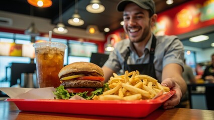 happy waiter holding tray with hamburger, fries and drink