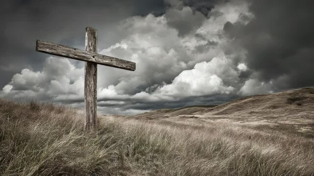 Weathered wooden cross stands in a field of dry grass set against a dramatic sky filled with heavy billowing clouds