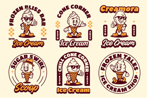 Set of Ice Cream Retro Mascot Logo for Ice Cream Shop and Cafe. Cartoon Character Vector Illustration in Vintage Style