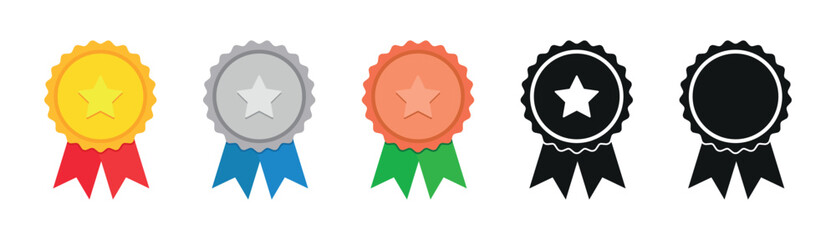 Award medal icon set featuring gold, silver, bronze, and black ribbons with stars. Ideal for certificates, achievements, prize rankings, competitions, gamification, and honor badges.