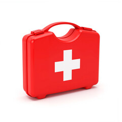 Obraz premium Red travel first aid kit in suitcase shape with handle on white background for safety concept