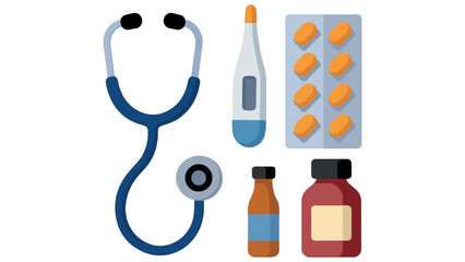 Medical Kit and Doctor Surgeon Tools Illustration First Aid Box, Thermometer, Syrup, Medicine, and Stethoscope for Healthcare and Emergency Care Patient Design
