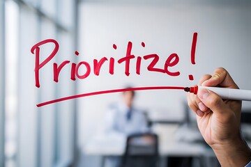 Red marker writing prioritize on glass with person in background image