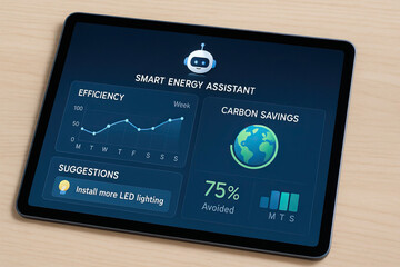 Smart energy assistant on tablet screen showing efficiency graph, carbon savings, and LED lighting suggestions for eco friendly energy management and sustainability awareness