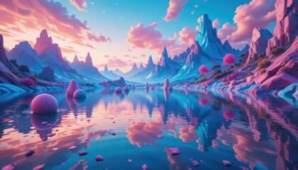 Sunset landscape with mountains forest and river reflecting the colorful sky