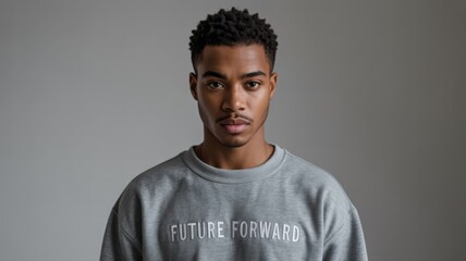 Obraz premium A young man with a serious expression wears a gray sweatshirt with 'FUTURE FORWARD' text, set against a neutral background.