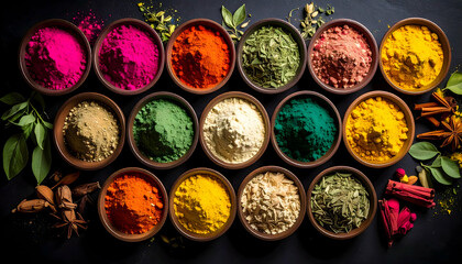 Vibrant Collection of Colorful Spices and Herbs in Bowls