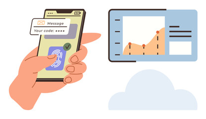 Phone with fingerprint access and verified code next to cloud-hosted analytics depicting a growth graph. Ideal for cybersecurity, data analytics, cloud computing, authentication, technology, digital