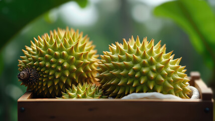 Durian fruits in wooden tray. Natural yellow durian fruit, fresh garden harvest in tropics.