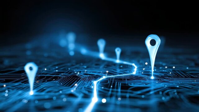 Glowing digital map route with location pins abstract technology background