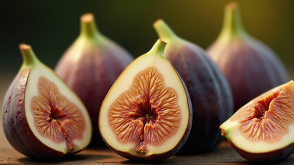 Fresh figs with sliced detail in sunlit garden setting