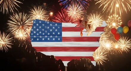 Rustic American Flag Map with Fireworks and Balloons