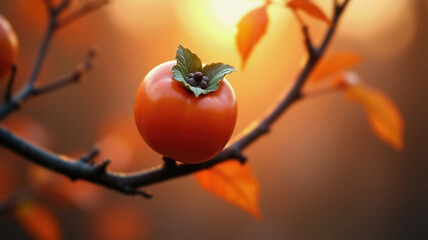 Persimmon on branch with warm autumn glow at sunset