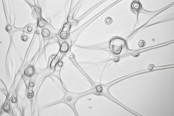 Abstract closeup showing transparent interconnected lines and circular shapes resembling neural network or biological cells under microscope, emphasizing organic structure and complexity