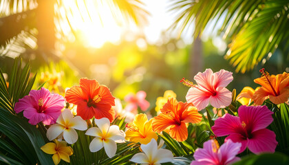 Vibrant Hibiscus and Plumeria Flowers in Tropical Sunlight
