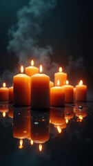 A group of candles are lit and arranged in a row. The candles are lit and the smoke from the candles is visible. Scene is warm and cozy