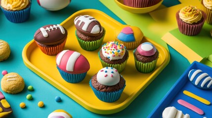 Colorful cupcakes decorated with sports-themed designs, arranged on a yellow tray.  Surrounding items include other treats and colorful papers