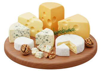 Isolated Assortment of Cheeses on Wooden Board with Nuts and Rosemary