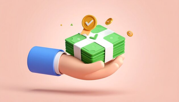 Cartoon hand holding a gift-wrapped stack of money