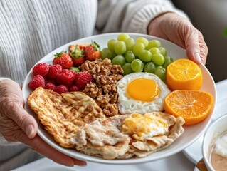 Elderly Caucasian woman enjoying healthy breakfast at home