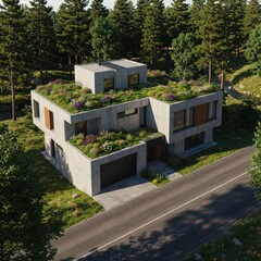 Aerial view of modern concrete house with green roof surrounded by dense forest on a sunny day