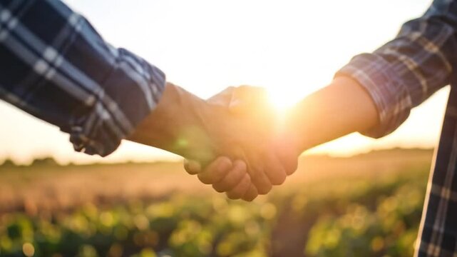 Farmers shaking hands in cultivated field at sunset, symbolizing collaboration and partnership in agriculture