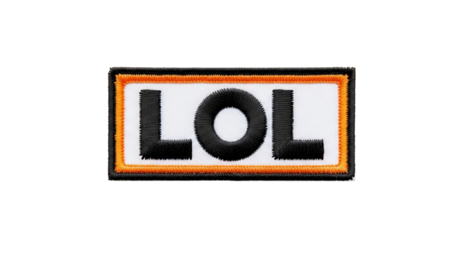 Embroidered LOL patch with black lettering and orange border against a neutral background.