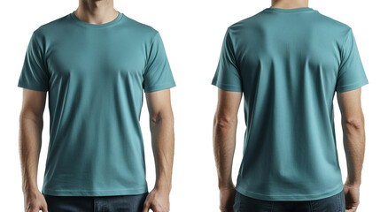 Mockup showcases a solid teal T-shirt on a male model, from both the front and back view against a black backdrop, transparent background