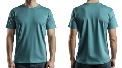 Mockup showcases a solid teal T-shirt on a male model, from both the front and back view against a black backdrop, transparent background