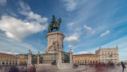 Praca do Comercio or Commerce Plaza. Statue of King Jose I timelapse hyperlapse.