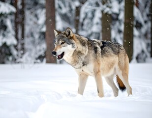 Fototapeta premium A lone wolf with striking gray and white fur cautiously traverses a pristine, snow-covered landscape amidst falling snowflakes, embodying the raw beauty of winter wilderness.