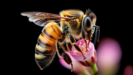 Honey bee pollinating pink flower macro photography close up insect on black background